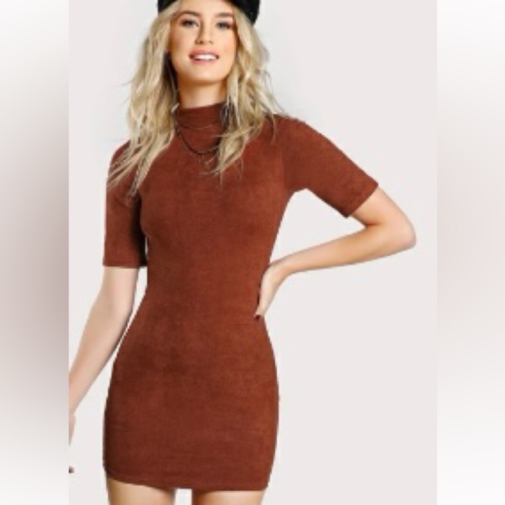 SHEIN Mock Neck Bodycon Suede Dress XS